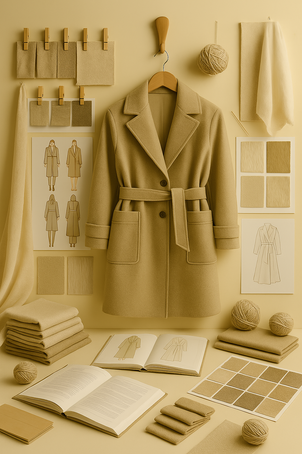 Monochromatic beige fashion design mood board with coat, fabric swatches, sketches, and material samples showing the complete design process