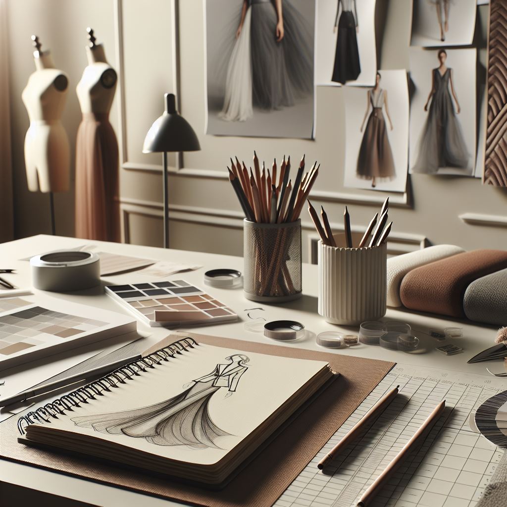 Fashion design workspace with sketches, color palettes and drawing tools