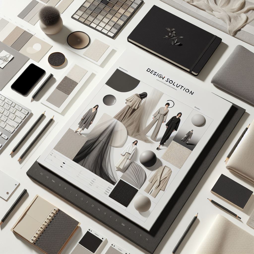 Fashion design mood board with fabric swatches, sketches, and minimalist apparel designs