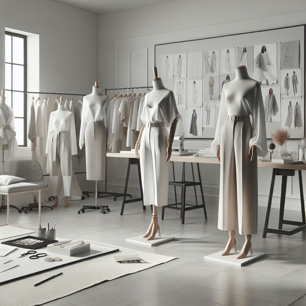 Minimalist fashion atelier with mannequins displaying a cohesive white collection and design sketches on wall