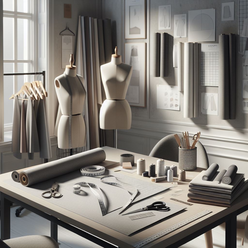 Fashion design studio with dress forms, pattern making tools and fabric samples