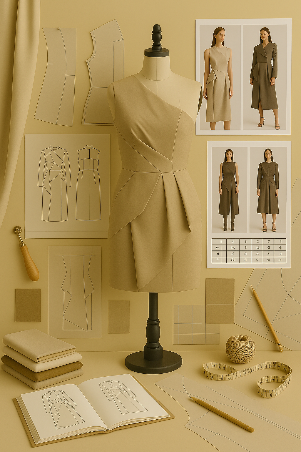 Elegant pattern development workspace with asymmetrical draped dress form, technical drawings, pattern pieces, and finished garment photos in a sophisticated monochromatic beige palette