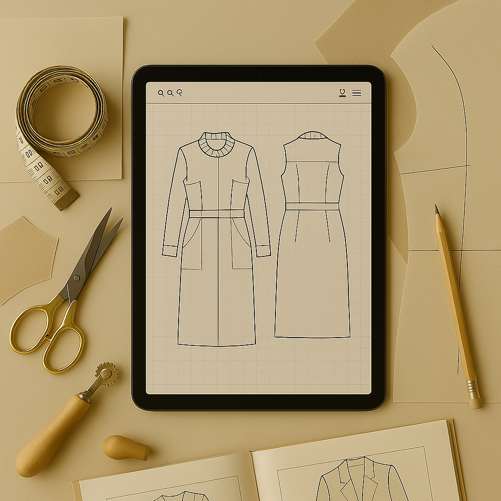 Modern pattern making workspace with tablet displaying digital coat pattern alongside traditional tools including measuring tape, scissors, tracing wheel, and pattern paper in a minimalist beige aesthetic