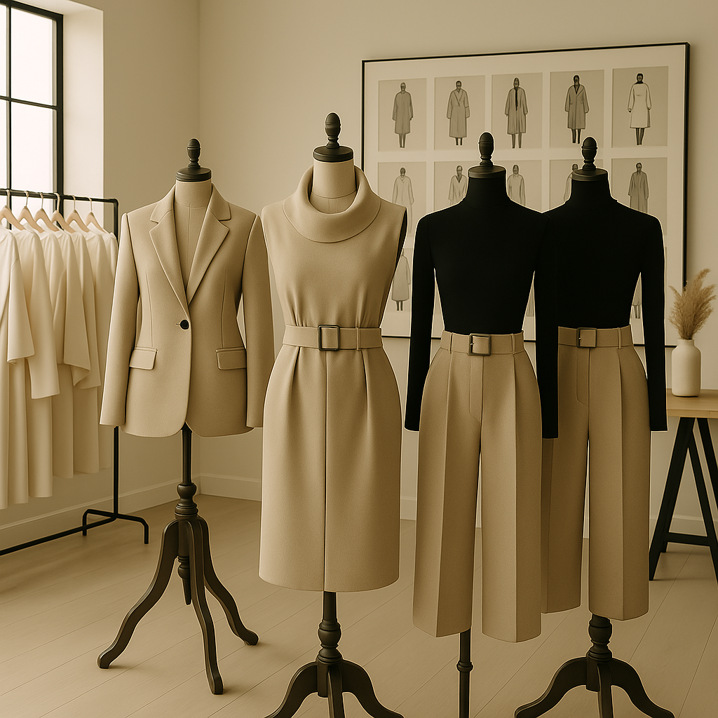 Minimalist fashion studio with mannequins displaying a cohesive collection of beige and black garments including blazer, dress, and separates with design sketches on the wall