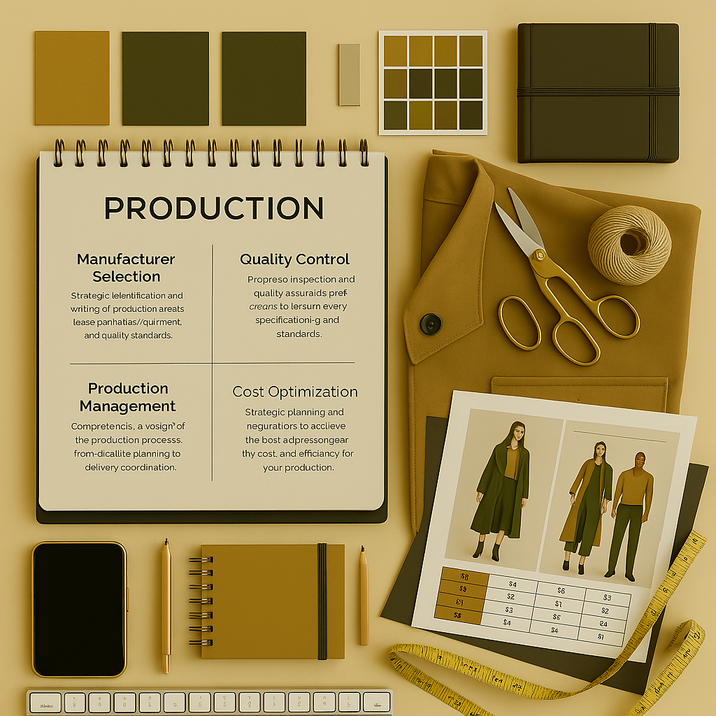 Sophisticated production planning workspace with notebook detailing manufacturer selection, quality control, production management and cost optimization alongside fabric swatches, measuring tools, and collection lineup in olive and mustard tones