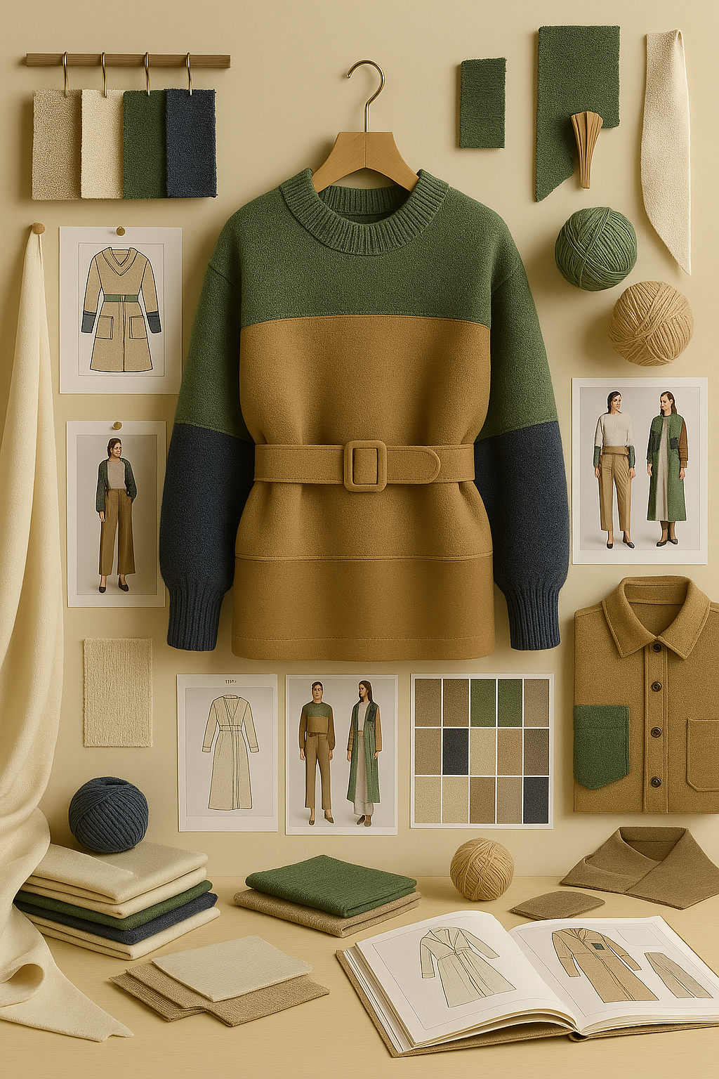 Innovative material application showcasing a color-blocked sweater dress with green, camel and navy sections, surrounded by coordinating fabric swatches, yarn samples, technical drawings and design illustrations