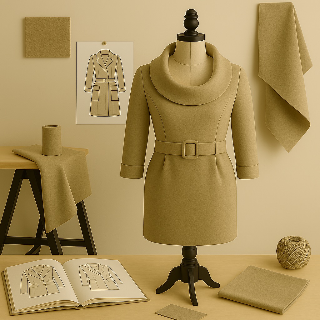 Sophisticated sampling workspace with beige dress on mannequin, technical sketches, fabric swatches, and pattern development materials showing the progression from design to physical prototype
