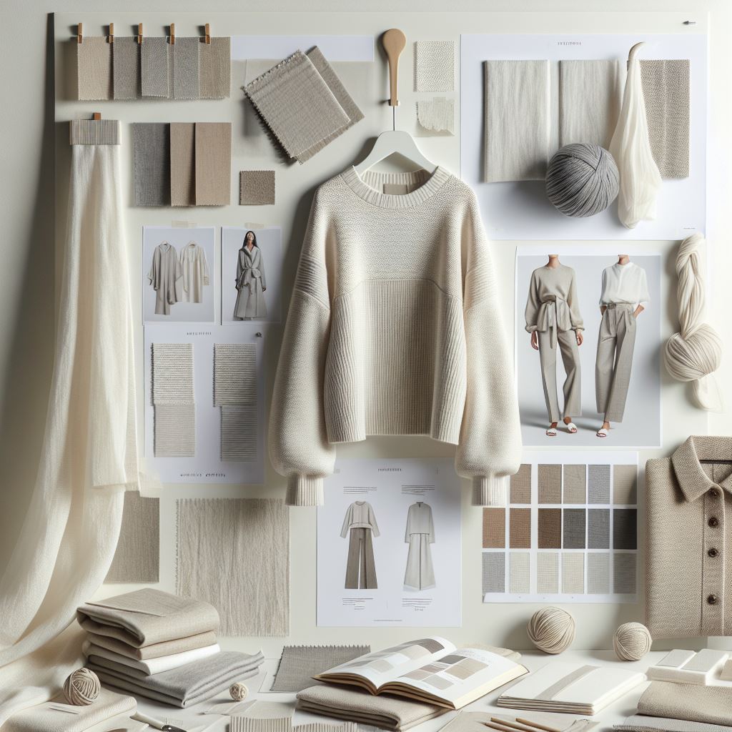 Sustainable luxury fashion collection mood board with neutral fabrics, garment designs and material samples