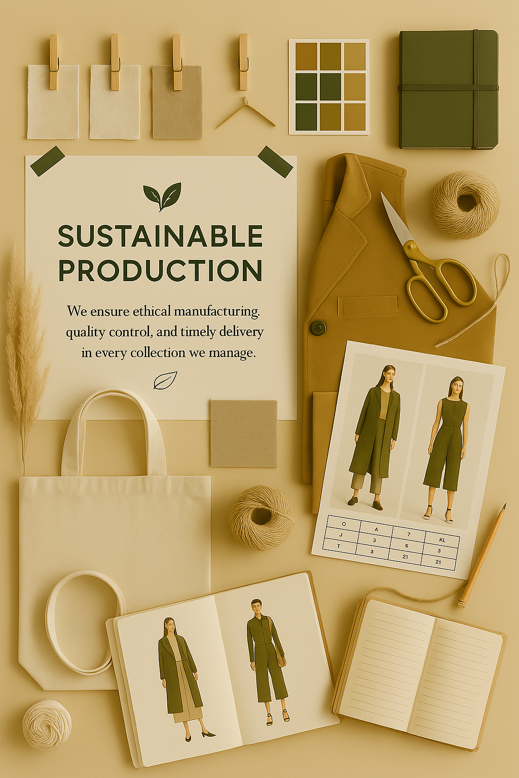 Sustainable fashion production planning with eco-friendly materials, fabric swatches, design illustrations of olive green garments, canvas tote, and a 'Sustainable Production' sign highlighting ethical manufacturing and quality control