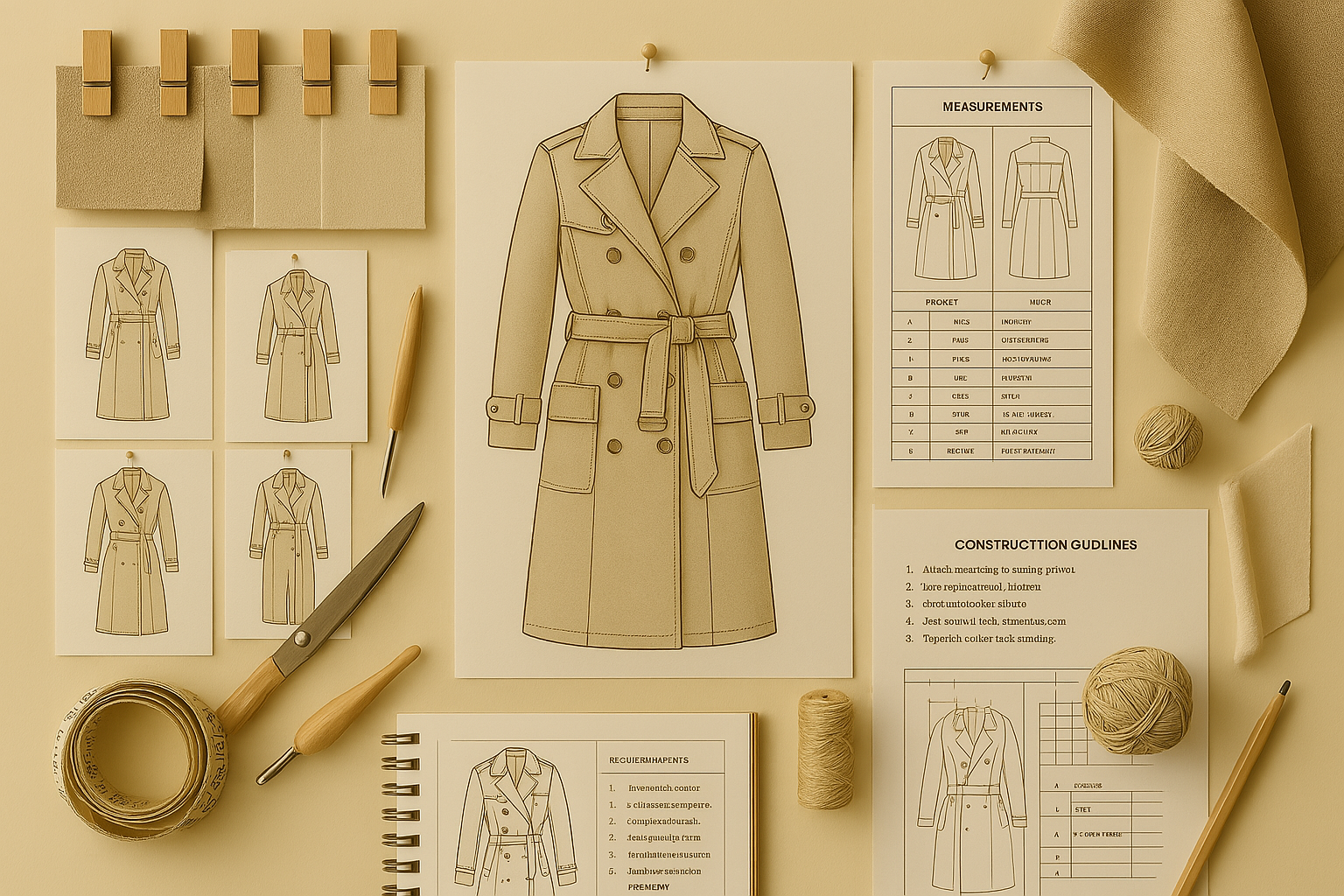 Comprehensive technical documentation for a trench coat including detailed drawings from multiple angles, measurement specifications, construction guidelines, and tailoring tools