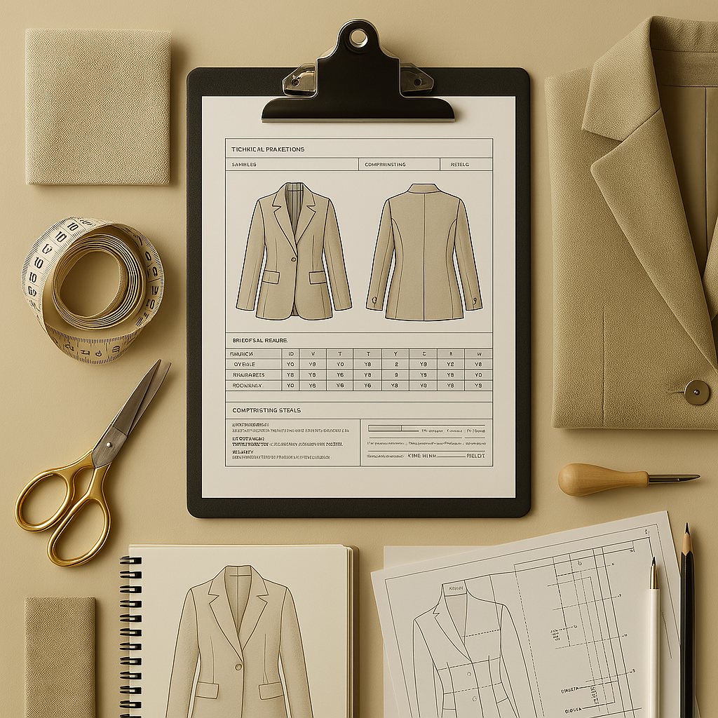 Technical fashion specification flat lay with clipboard showing blazer tech pack, measuring tape, scissors, fabric swatch, and pattern drafting papers